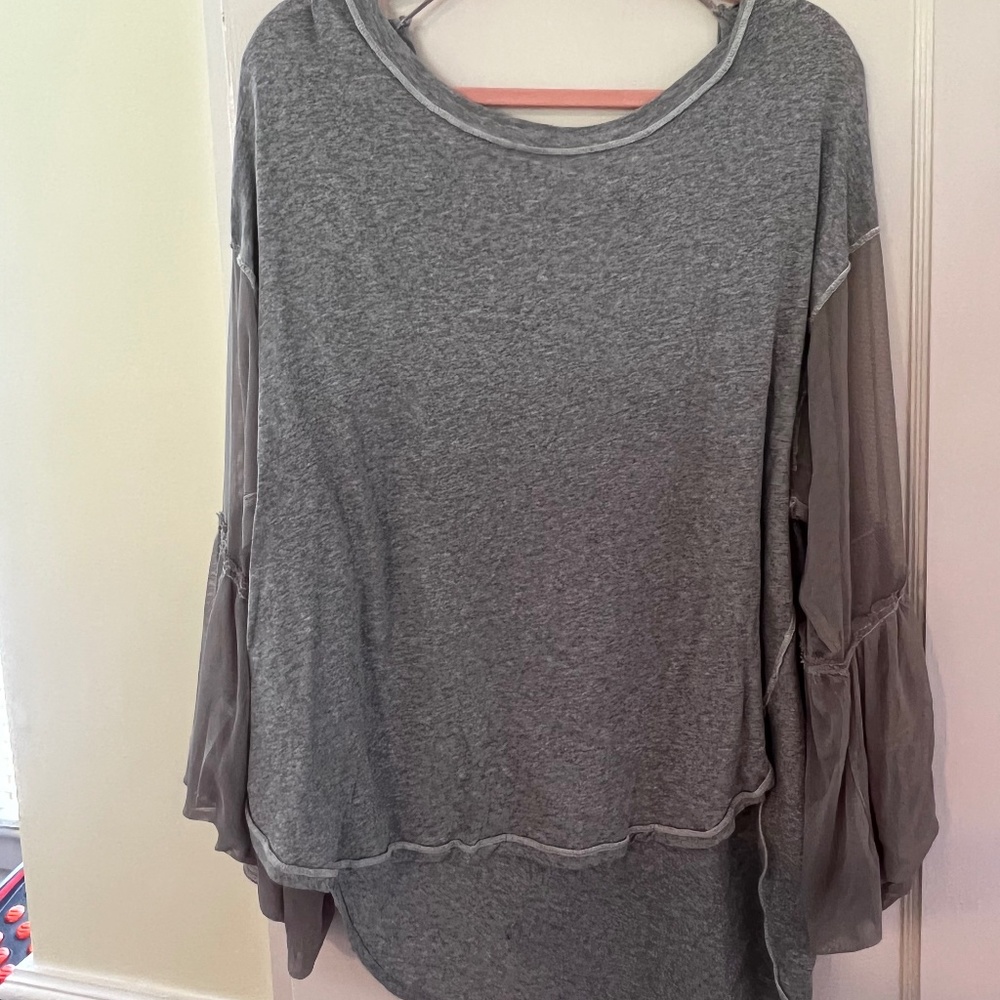 Free People Gray Shirt with Net Bell Sleeves